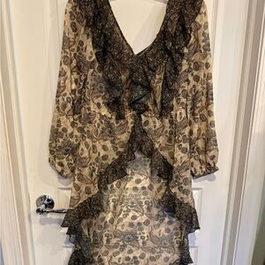 Sheer High Low Floral Blouse with Ruffle Details